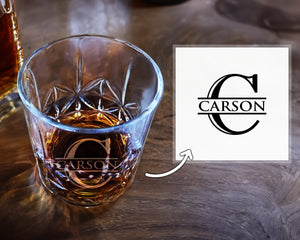 Custom Bourbon Gift for Men: Personalized Whiskey Glass w/ Bottom Engraving Initial Monogram for Dad, Wedding Party, Birthday & Father's Day