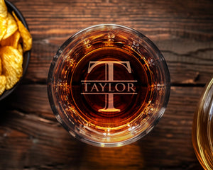 Custom Bourbon Gift for Men: Personalized Whiskey Glass w/ Bottom Engraving Initial Monogram for Dad, Wedding Party, Birthday & Father's Day
