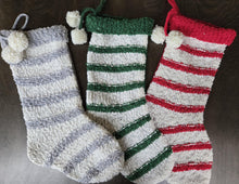 Textured Christmas Stockings with Stripes and Pom Poms Red Green Grey Handmade Style Cute Whimsy Stocking Personalized Embroidered Name Tag