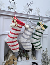 Textured Christmas Stockings with Stripes and Pom Poms Red Green Grey Handmade Style Cute Whimsy Stocking Personalized Embroidered Name Tag