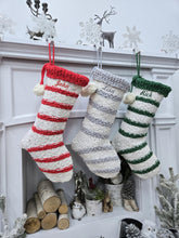 Textured Christmas Stockings with Stripes and Pom Poms Red Green Grey Handmade Style Cute Whimsy Stocking Personalized Embroidered Name Tag