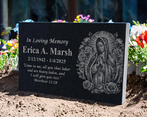 Christian Garden Yard Memorial - Virgin Mary Engraved Stone - Our Lady of Guadalupe Keepsake - Religious Remembrance Gift - Prayer Stone