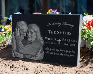 Family Memorials | Granite Photo Companion Monument | Double Headstones for Married Couples | Husband and Wife Headstone | Double Monument