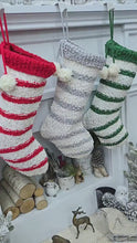 Textured Christmas Stockings with Stripes and Pom Poms Red Green Grey Handmade Style Cute Whimsy Stocking Personalized Embroidered Name Tag