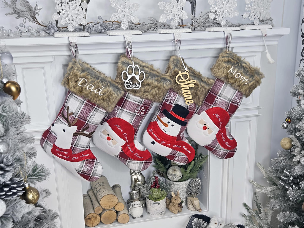 Personalized Christmas Stocking - Plaid With Embroidered Name, Santa/Reindeer, 18 Inch