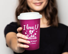 ANNIVERSARY GIFTS Engraved Custom 14oz Ceramic Coffee Mug I Love U A Latte Reusable Double Wall Travel Tumbler Cup with White Silicone Lid for Caffeine Lover