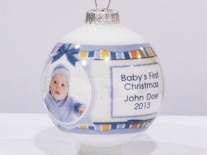 CHRISTMAS ORNAMENTS Cute Baby Blue Design with Personalized Photo - Baby's First Christmas Ornament