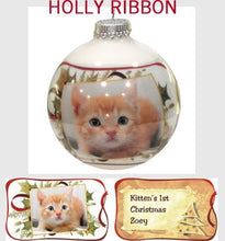 CHRISTMAS ORNAMENTS Holly Ribbon Personalized Glass Photo Ball Ornament