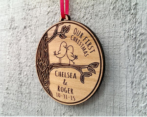CHRISTMAS ORNAMENTS Our First Christmas Together Ornament Love Birds Heart Customized Christmas Couples Gift Ornament Lover Personalized Names Date Tree Trunk