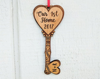 CHRISTMAS ORNAMENTS Our FIRST Home Key Ornament Personalized House Custom Wood Key Ornament Couples Housewarming Home Decor First Christmas in Our New Home Gift