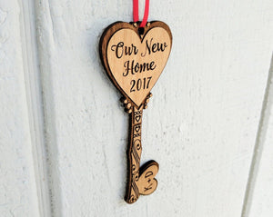 CHRISTMAS ORNAMENTS Our NEW Home Key House Custom Ornament Couples Housewarming Home Decor Personalized Wood Key Ornament First Christmas in Our New Home Gift