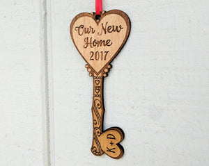 CHRISTMAS ORNAMENTS Our NEW Home Key House Custom Ornament Couples Housewarming Home Decor Personalized Wood Key Ornament First Christmas in Our New Home Gift