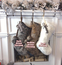 CHRISTMAS STOCKINGS 20" 21" 23" Faux Fur Christmas Stockings Ivory Brown Grey Personalized with Cutout Wood Name Tag PomPoms Lodge Woodland Custom Xmas Decor