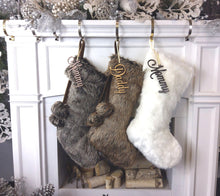 CHRISTMAS STOCKINGS 20" 21" 23" Faux Fur Christmas Stockings Ivory Brown Grey Personalized with Cutout Wood Name Tag PomPoms Lodge Woodland Custom Xmas Decor