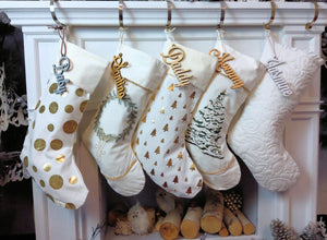 CHRISTMAS STOCKINGS 22" Ivory Gold Personalized Christmas Stockings Gold and Green Accents Embroidered or Cutout Wood Name Tag -Custom Xmas Stocking Decor
