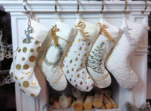 CHRISTMAS STOCKINGS 22" Ivory Gold Personalized Christmas Stockings Gold and Green Accents Embroidered or Cutout Wood Name Tag -Custom Xmas Stocking Decor