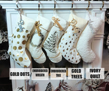 CHRISTMAS STOCKINGS 22" Ivory Gold Personalized Christmas Stockings Gold and Green Accents Embroidered or Cutout Wood Name Tag -Custom Xmas Stocking Decor