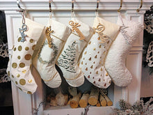 CHRISTMAS STOCKINGS 22" Ivory Gold Personalized Christmas Stockings Gold and Green Accents Embroidered or Cutout Wood Name Tag -Custom Xmas Stocking Decor