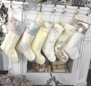 CHRISTMAS STOCKINGS 22" Ivory White Personalized Christmas Stockings Gold Silver Grey Knit Plush Embroidered or Cutout Wood Name Tag -Custom Xmas Stocking Decor