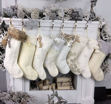 CHRISTMAS STOCKINGS 22" Ivory White Personalized Christmas Stockings Gold Silver Grey Knit Plush Embroidered or Cutout Wood Name Tag -Custom Xmas Stocking Decor