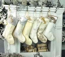CHRISTMAS STOCKINGS 22" Ivory White Personalized Christmas Stockings Gold Silver Grey Knit Plush Embroidered or Cutout Wood Name Tag -Custom Xmas Stocking Decor
