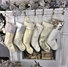 CHRISTMAS STOCKINGS 22" Ivory White Personalized Christmas Stockings Gold Silver Grey Knit Plush Embroidered or Cutout Wood Name Tag -Custom Xmas Stocking Decor