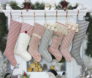 CHRISTMAS STOCKINGS Blue Stripe Tassels Blue Cottage Stripe Personalized Christmas Stockings with Wooden Name Tags or Embroidered Customization