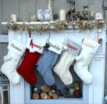 CHRISTMAS STOCKINGS Cable Knit Personalized Christmas Stockings - Plush Top & Pom Poms Name Embroidered - Red White Grey Bone Xmas Decor Family 2019