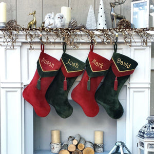 CHRISTMAS STOCKINGS Designer Velvet Christmas Stockings V-Cuff Tassel - Custom Embroidered with Names