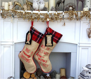 CHRISTMAS STOCKINGS Dog Bone Cat Fish Tag Personalized Tartan Burlap Dog Christmas Stockings Embroidered Personalized Cat Stocking Pet Custom Embroidered Name