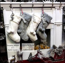 CHRISTMAS STOCKINGS DreamyWhite 20" 21" 23" Faux Fur Christmas Stockings Ivory Brown Grey Personalized with Cutout Wood Name Tag PomPoms Lodge Woodland Custom Xmas Decor