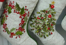 CHRISTMAS STOCKINGS Embroidered Christmas Stockings Heirloom Linen Designer Embellished Christmas Tree Wreath White Ribbon Beads Stocking