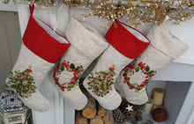 CHRISTMAS STOCKINGS Embroidered Christmas Stockings Heirloom Linen Designer Embellished Christmas Tree Wreath White Ribbon Beads Stocking