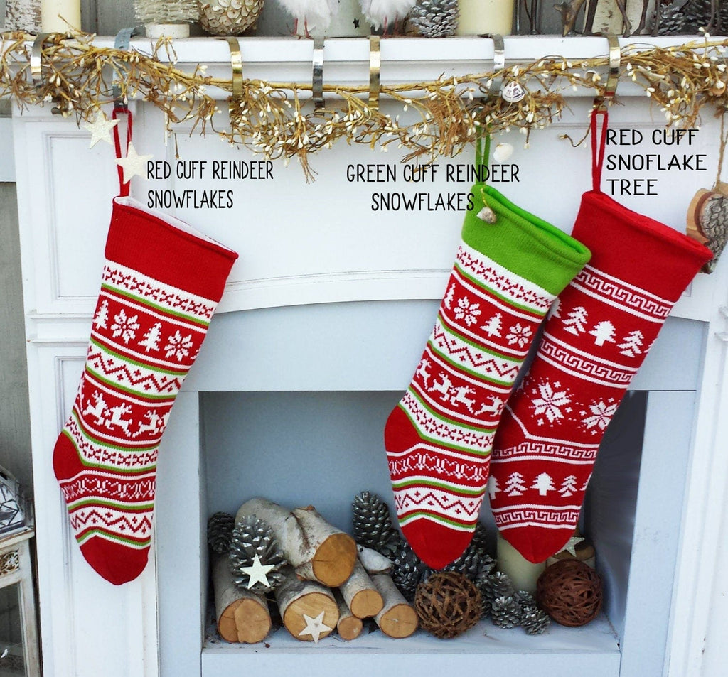 Knit Christmas Stockings - Red White - Reindeer or Snowflake Design  Scandinavian Nordic Modern Holiday Theme Minimalist Look Custom Long