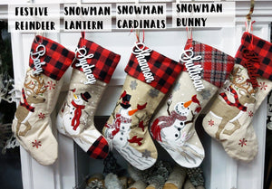 CHRISTMAS STOCKINGS Festive Reindeer 3 Snowmen Cardinals Personalized Christmas Stockings Christmas Plaid Buffalo Check Burlap Country Kids & Family Xmas 2022