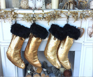 CHRISTMAS STOCKINGS Gold Sequin Glamour & Glitz Bling Christmas Stocking - Gold to Black or Gold to Silver Reversible Sequins Christmas Decor