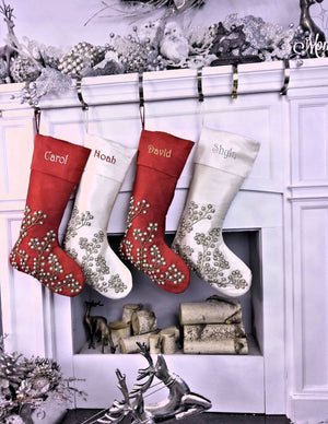 CHRISTMAS STOCKINGS Gorgeous Pearl Beads Personalized Christmas Stockings Ivory Dark Red 21" Gorgeous Beaded Holiday Stocking Embroidered Names Modern Elegant