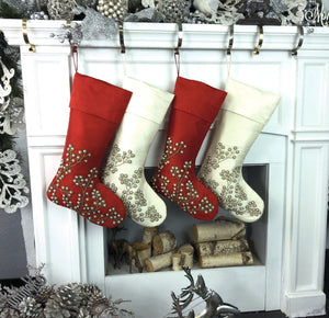 CHRISTMAS STOCKINGS Gorgeous Pearl Beads Personalized Christmas Stockings Ivory Dark Red 21" Gorgeous Beaded Holiday Stocking Embroidered Names Modern Elegant