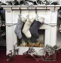 CHRISTMAS STOCKINGS Grey Off White Cable Knit Christmas Stockings with Faux Fur Cuff Personalized with Cutout Wood Name Tag Custom Family Holiday 2022