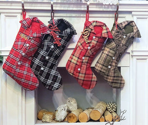CHRISTMAS STOCKINGS Guy Shirt Plaid Red White Brown Green Personalized Christmas Stockings for Dad, Grandpa or Son Xmas 2020 Country Western Fun
