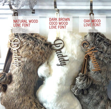 CHRISTMAS STOCKINGS Ivory 20" 21" 23" Faux Fur Christmas Stockings Ivory Brown Grey Personalized with Cutout Wood Name Tag PomPoms Lodge Woodland Custom Xmas Decor