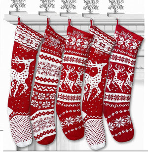 CHRISTMAS STOCKINGS Knit Christmas Stockings - Red White - Reindeer or Snowflake Design Scandinavian Nordic Modern Holiday Theme Minimalist Look Custom Long