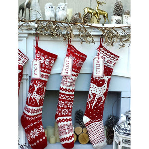 CHRISTMAS STOCKINGS Knit Christmas Stockings - Red White - Reindeer or Snowflake Design Scandinavian Nordic Modern Holiday Theme Minimalist Look Custom Long