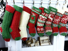 CHRISTMAS STOCKINGS Knitted Christmas Stockings Red Ivory Green Cable Knit Family with Pets Cat Mouse Dog Bone  JOY LOVE NOEL Personalize Embroider Family Xmas