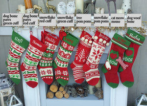 CHRISTMAS STOCKINGS Knitted Christmas Stockings Red IVORY Green Fun Snowflake Family with Pets Cat Mouse Meow and Dog Bone Woof Knit Personalized Embroidered