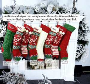 CHRISTMAS STOCKINGS Knitted Christmas Stockings Red IVORY Green Fun Snowflake Family with Pets Cat Mouse Meow and Dog Bone Woof Knit Personalized Embroidered