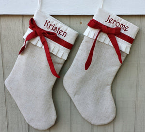 CHRISTMAS STOCKINGS Linen Christmas Stockings Dog Stocking Cat Rustic Chic Embroidered Personalized Holiday Modern Pet with Bow and Pleat Cuff Designer Names