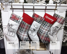 CHRISTMAS STOCKINGS Modern Plaid Woodland Christmas Stockings Personalized with Embroidery or Wooden Tags
