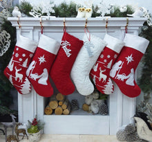 CHRISTMAS STOCKINGS Nativity Christmas Stocking Red and White Silent Night Deer Ruffle and Chain Stitched Stockings Embroidered or with Cutout Wood Name Tag Christmas Stockings