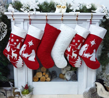 CHRISTMAS STOCKINGS Nativity Christmas Stocking Red and White Silent Night Deer Ruffle and Chain Stitched Stockings Embroidered or with Cutout Wood Name Tag Christmas Stockings